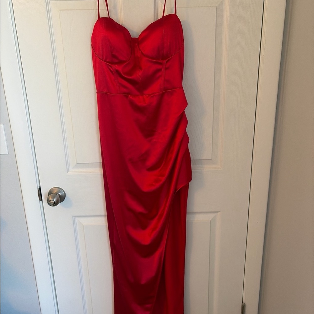 Windsor Red Satin Strapless Evening Gown